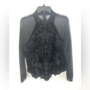Indie Forest Fairy Gothic Black Velvet Sheer Mesh Baroque Embroidered Blouse 2X